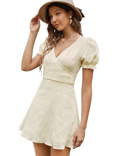 

surplice neck puff sleeve dress w926#, Black;gray