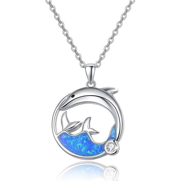 Anhänger Halsketten Blaue Opal Welle Walschwanz Halskette Weibliche zierliche Delphin Klassische Silber Farbe Kette Für Frauen SchmuckAnhänger