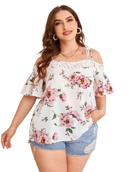 

plus floral print contrast lace tie shoulder blouse 87hv#, Black