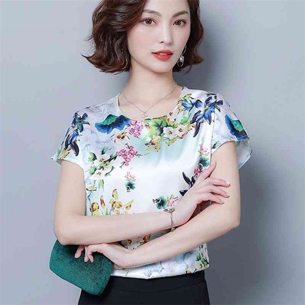 Mulher coreana Mulheres de seda blusas estamparas de flores Camisas brancas de cetim plus size xxxl/4xl blusas femininas elegante ladies tops 210326