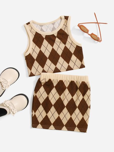 

toddler girls argyle pattern crop tank & skirt she, White