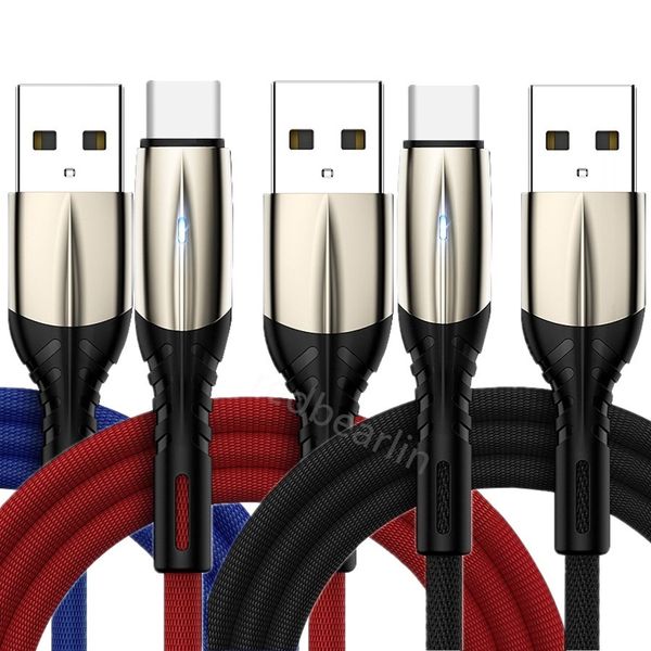 1M 2M Schnell Schnellladekabel 3A LED Stoff Legierung Typ USB-C Micro zu USB Kabel für Samsung Galaxy s8 s10 s20 s22 htc xiaomi huawei