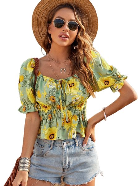 

floral print knot front puff sleeve ruched peplum blouse b6i9#, White