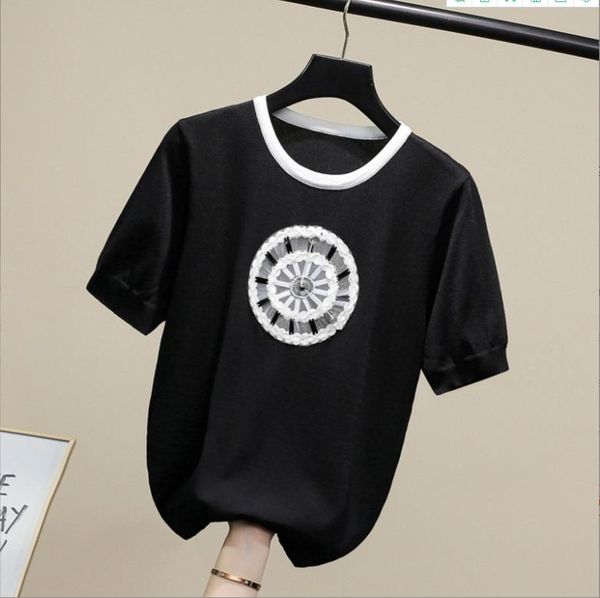 

509 2022 summer kint short sleeve crew neck brand same style sweater pullover black luxury womens clothes weikey, White;black