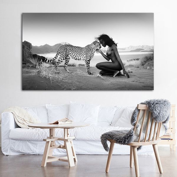 Poster e stampe di paesaggi naturali in bianco e nero Wall Art Canvas Painting Snow Leopard e Nude Women Picture for Living Room