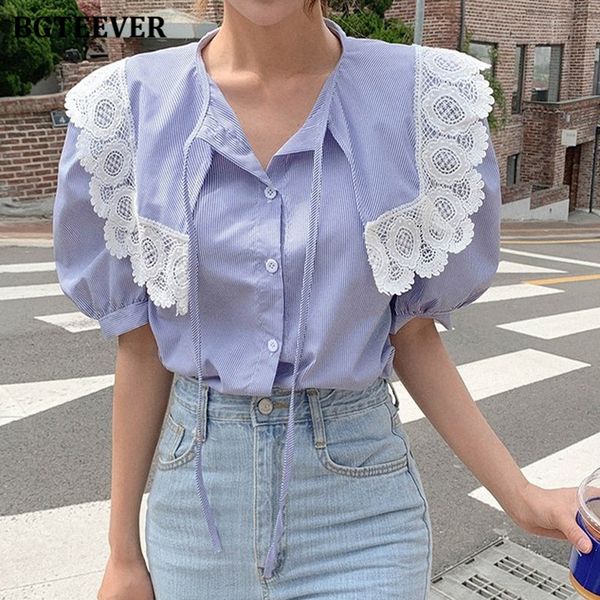 

casual o-neck lace-up striped women shirts puff sleeve lace patchwork single-breasted female blouses 2021 summer, White