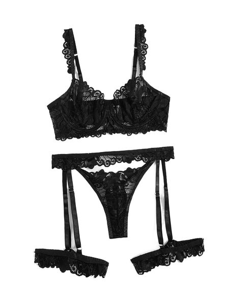 

3pack lace garter underwire lingerie set v0yc#, Black;red