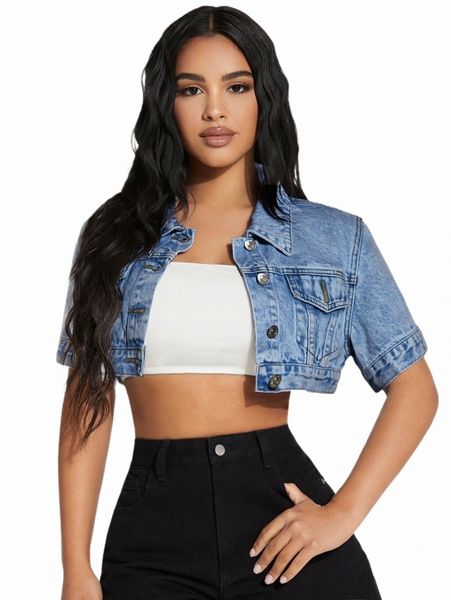 

petite 1pc button front crop denim jacket m1xq#, Black;brown