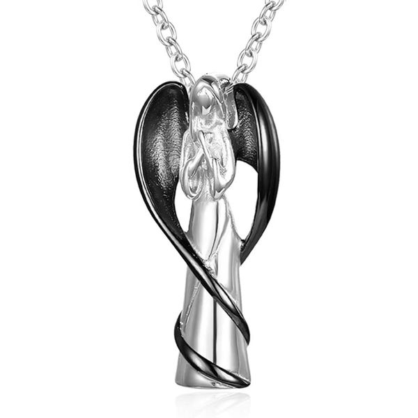 

cremation urn necklace for ashes angel wing keepsake locket stainless steel cross cremation jewelry waterproof memorial pendant, Silver