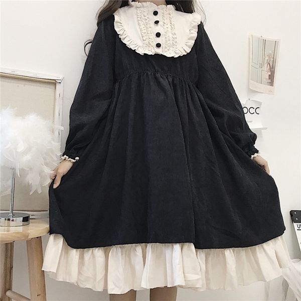 

japanese style autumn women's dresses o-neck high waist slimming contrast-color ruffled sweet ita dress kawaii clothing 220504, Black;gray