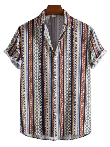 

romwe guys geo & striped print shirt c8q4#, White;black