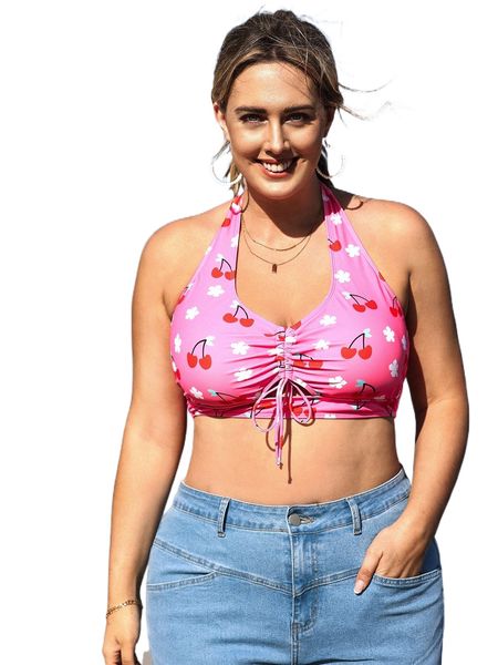 

plus cherry print drawstring bikini u7el#, Black