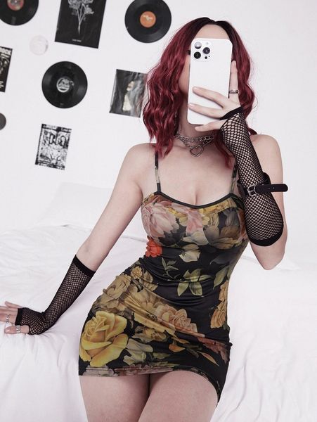 

floral print cami bodycon dress without gloves l7oj#, Black;gray