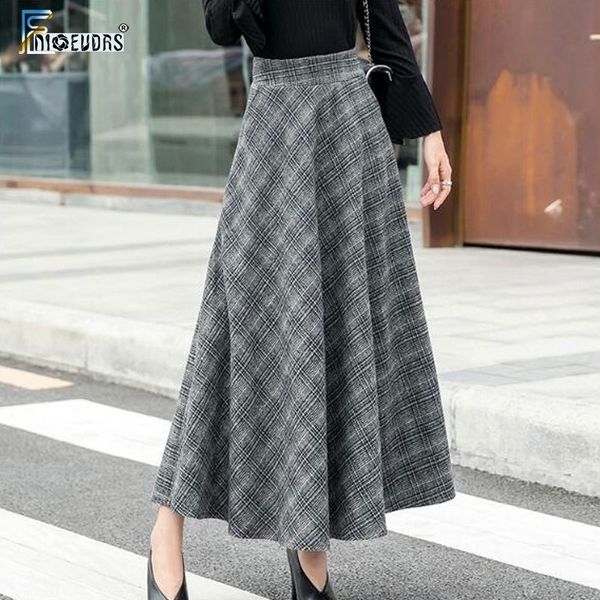 

a line winter skirt warm design elegant lady office long skirt plaid printed elastic high waist vintage plaid skirts y200326, Black