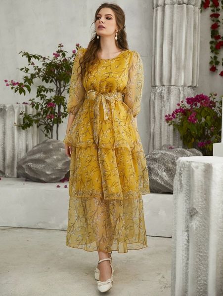 

floral print bishop sleeve belted layered dress n8zt#, Black;gray