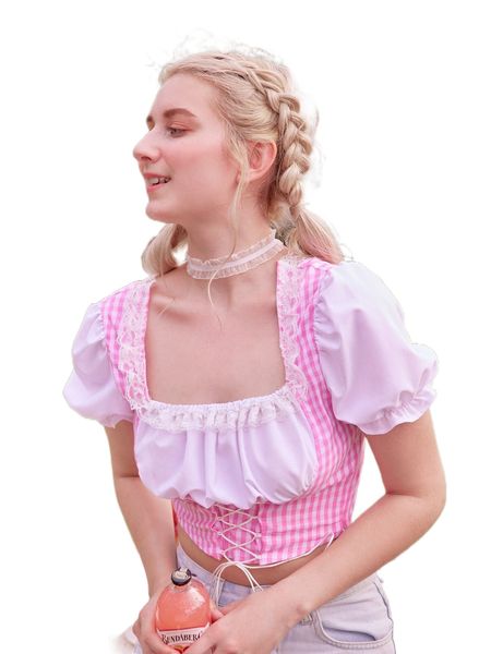 

kawaii 2 in 1 gingham puff sleeve blouse u0aw#, White
