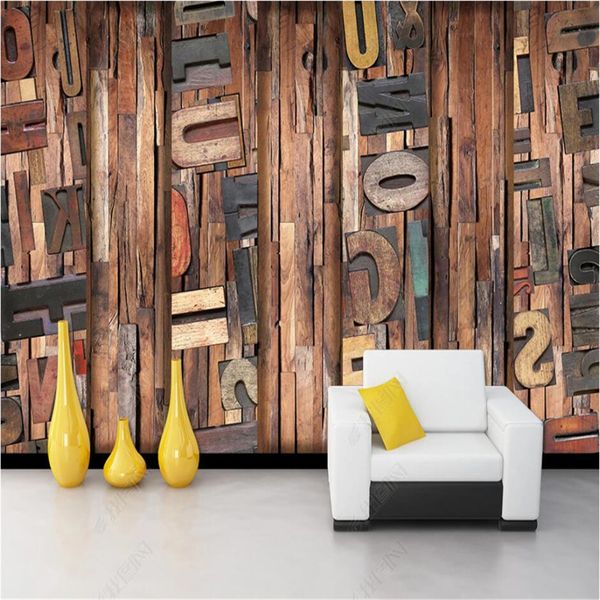 Retro 3D geprägte englische Buchstaben Holz Hintergrund Wandpapier 3D Restaurant Decor Wandbild Tapete