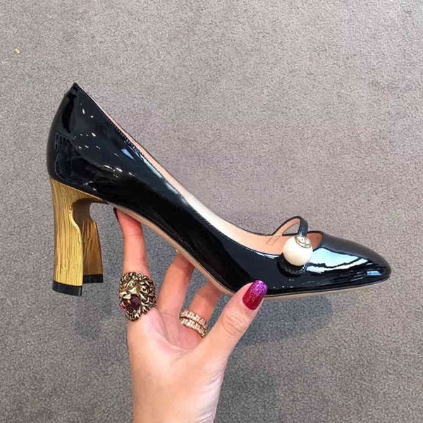 

dress shoes ins mary jane women's high heels varnished leather shoes round toe party brand design, Black