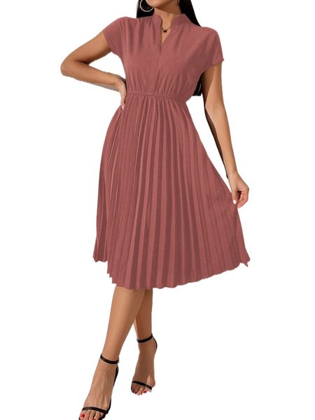 

pleated hem notched neckline a-line dress p6rk#, Black;gray