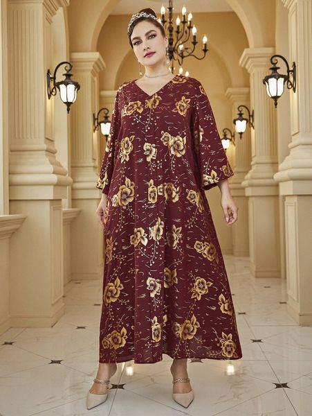 

plus random gold floral print trumpet sleeve tunic dress s2vq#, Black