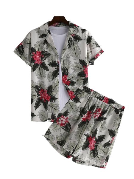 

men tropical print button through shirt & shorts n6dj#, Gray