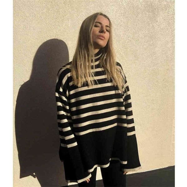 

women's knits tees to autumn winter high neck split pullover classic stripe loose thin sweater women's design lazy knitted, White