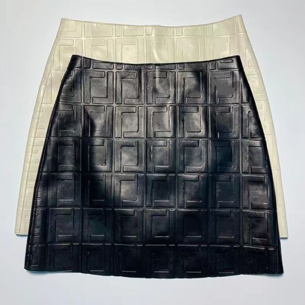 

High Quality Designer PU Leather Skirts Fashion F Letter Print High Waist Hip A-line Skirt, Black