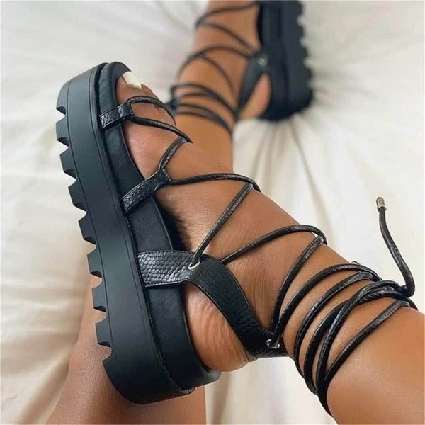 

fashion woman gladiator sandals ladies wedge shoes female lace up platform women cross straps boots thick bottom 220720, Black