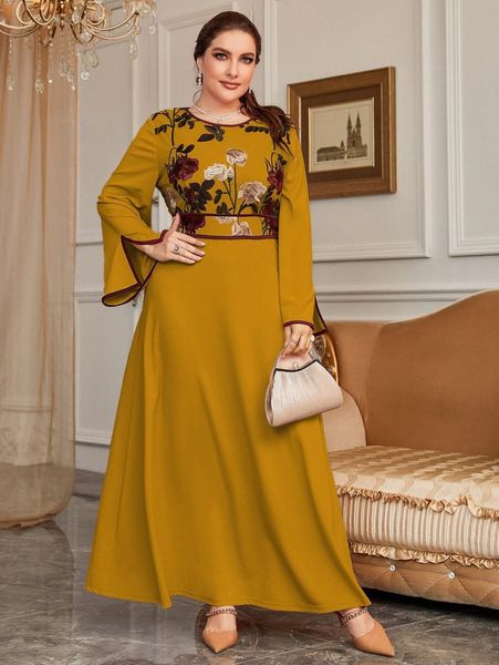

plus floral embroidered slit cuff trumpet sleeve dress x4zf#, Black