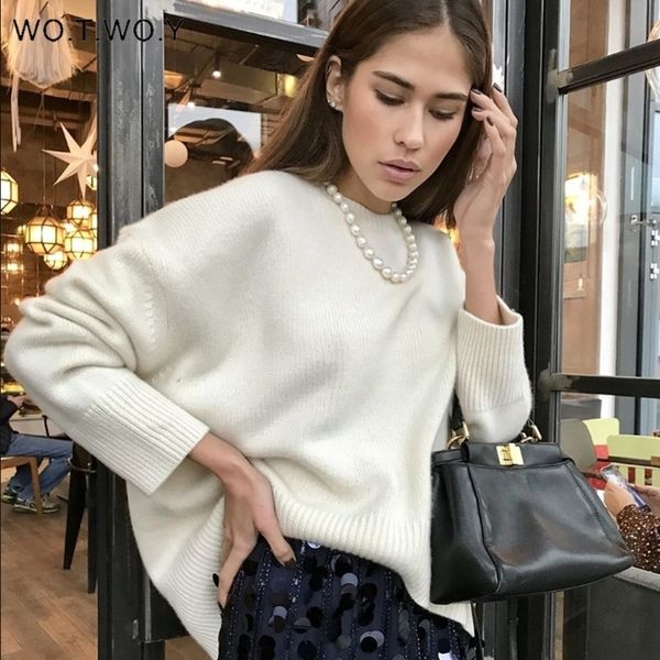 

wotwoy elegant knitted cashmere sweater women solid loose knitwear pullovers women long sleeve basic sweaters female jumper y200910, White;black