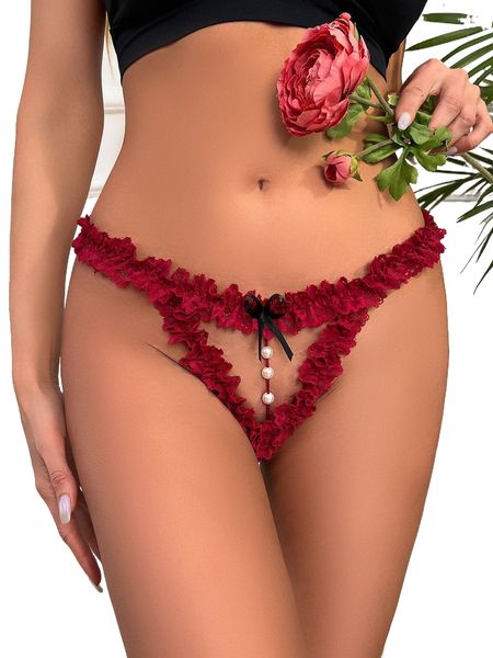 

lettuce trim fake pearl decor panty h3jy#, Black;red