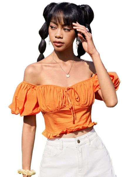 

off shoulder ruched bust shirred back knot front crop blouse g8gb#, White