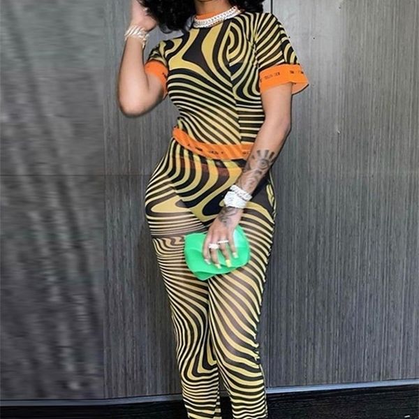 

kliou mesh two piece set women seethrough midnight style striped color blocking letter print high stretchy pants 220510, White