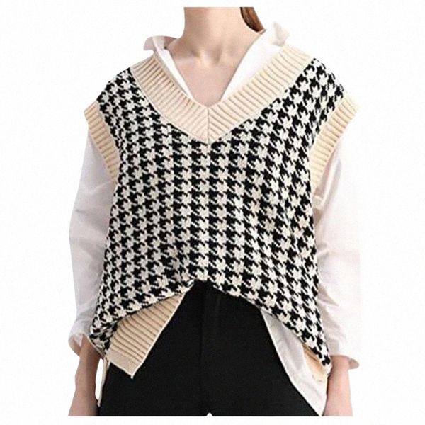 

women's vests oversized fashion women knit vest sweater print loose v-neck sleeveless side vents chic waistcoat female sweaters #bl2 x, Black;white