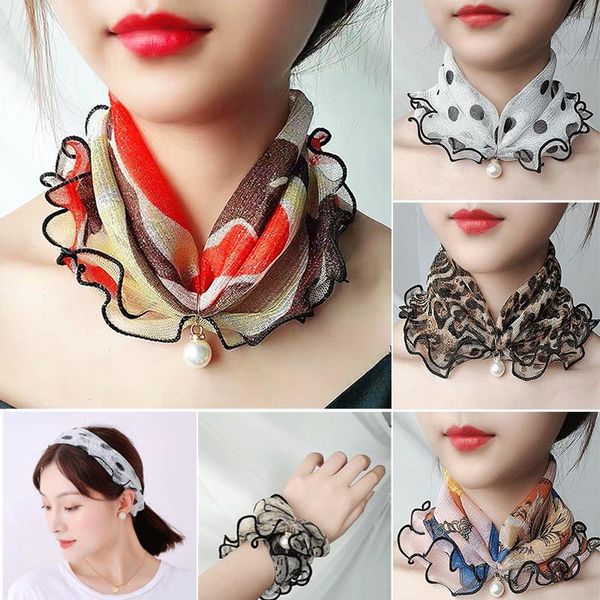 

fashion lace variety scarf necklace creative fake pearl pendant chiffon loop for women clothing accessories, Blue;gray