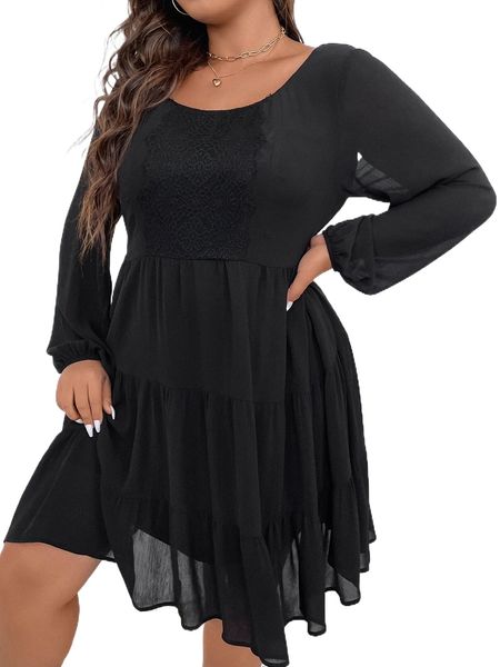 

plus solid bishop sleeve babydoll dress a658#, Black