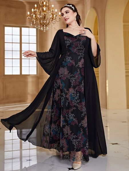 

plus plant print sweetheart neck mesh panel dress d4xm#, Black