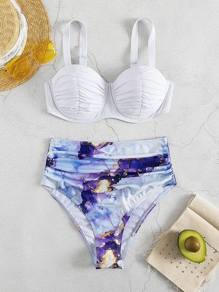 

marble print ruched push up bikini swimsuit w5yy#, White;black