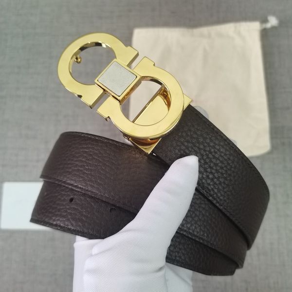 

designer belt mens fashion black business womens casual big gold buckle belt with brushed brass buck double-sided first layer cowhide the le, Black;brown