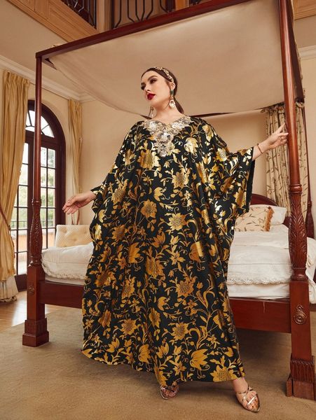 

plus floral applique detail kaftan 69po#, Black