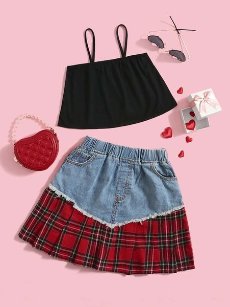 

girls crop cami & plaid raw trim 2 in 1 skirt she, White