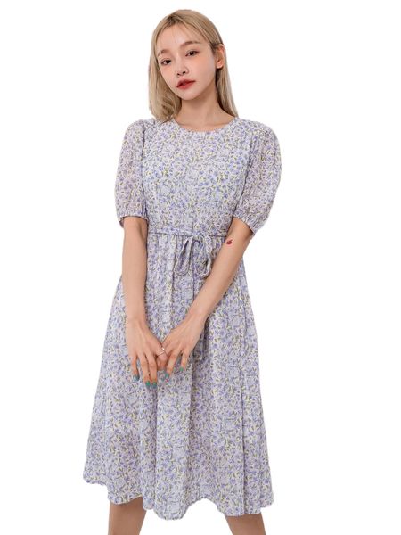 

dazy ditsy floral print puff sleeve belted dress g87k#, Black;gray