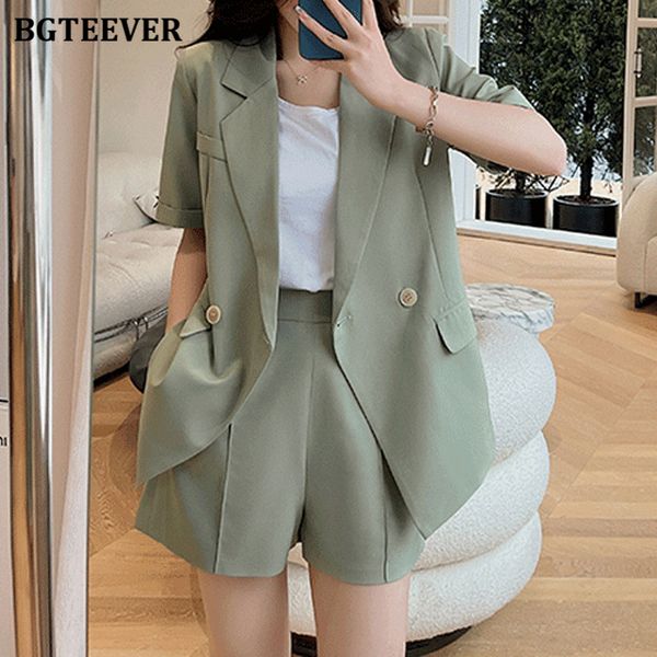 

casual summer women 2 pieces blazer set short sleeve suit jackets &amp high waist shorts 2021 ladies solid shorts suits, White
