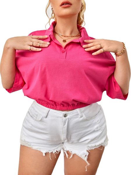 

plus solid polo neck drop shoulder tee j7bw#, Black