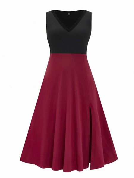 

plus two tone lace trim split thigh dress z2xm#, Black