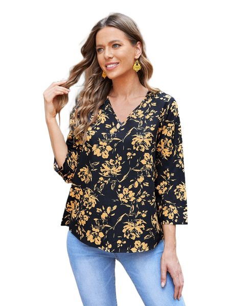

emery rose floral print curved hem blouse s7z8#, White