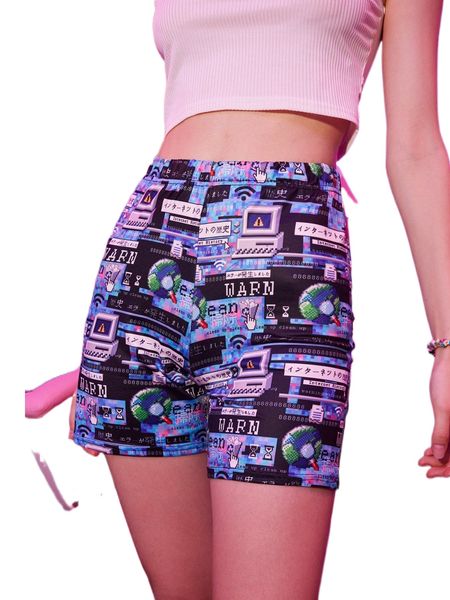 

romwe anime allover print biker shorts c03i#, White;black