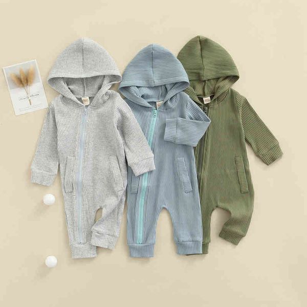 

lioraitiin 0-24m newborn infant baby boy girl autumn solid romper long sleeve zipper jumpsuit hooded casual clothing g220510, Blue
