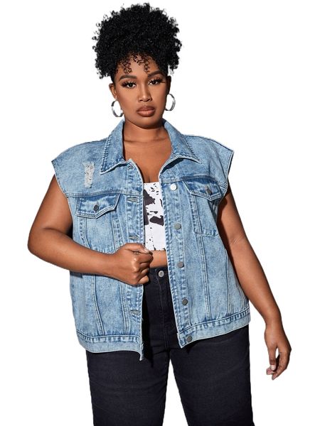 

plus button front ripped denim vest jacket y7kx#, Black;brown