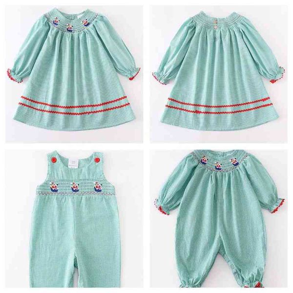 Girlymax Natale Fratellastro Neonate Babbo Natale Tessuto Plaid Percalle Ruffles Abito Lunghezza al ginocchio Pagliaccetto Latte Seta Abbigliamento per bambini AA220326